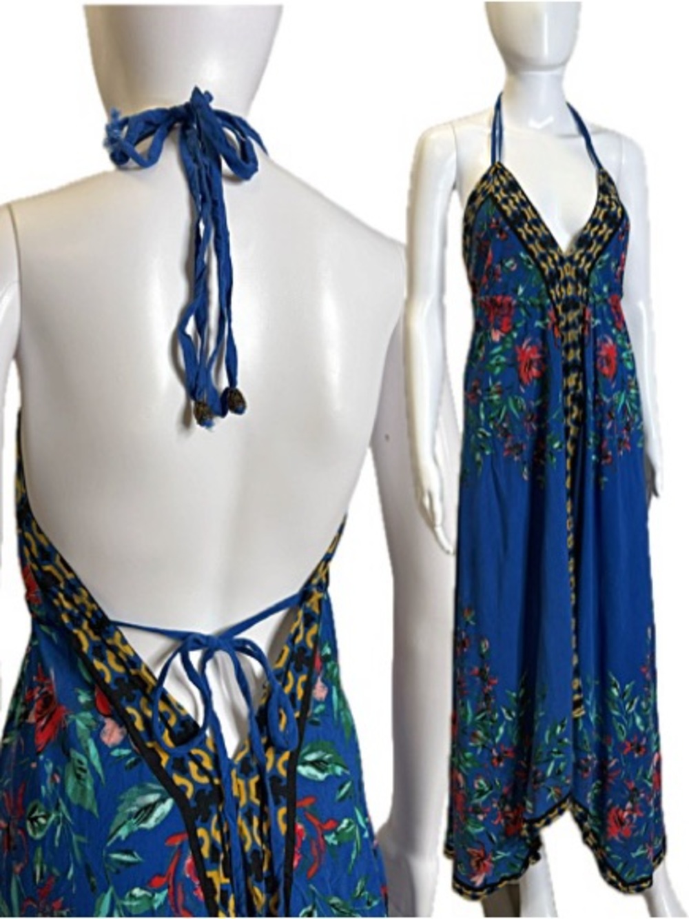 Flying Tomato Floral Print Maxi Sundress Size Large Backless Halter Tie Neck
